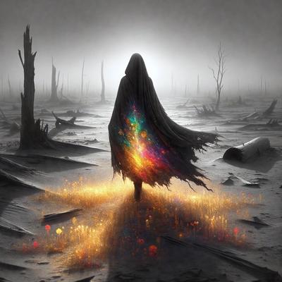 The primary subject of the image is a person, possibly a woman, dressed in a long, colorful cloak. The person is walking through a desolate, barren landscape with a dark, moody atmosphere. The setting includes a forest with dead trees, and the visual style appears to be a digital art or illustration. The colors in the image are predominantly dark, with the person's cloak being the most vibrant and noticeable element.